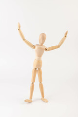 Wooden Mannequin, hopping, playing, without base, plain background, gesture, pose