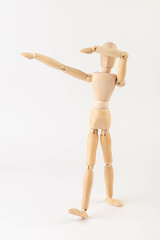 Wooden Mannequin, hopping, playing, without base, plain background, gesture, pose