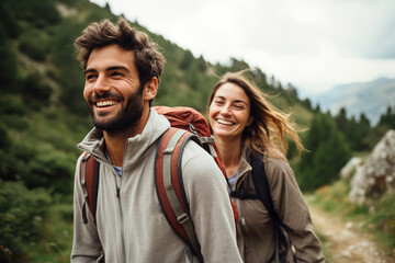 Happy couple walking through the forest with hiking equipment.