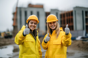 Two young women in workwear with thumb up, standing in front of a big building site - 648123796
