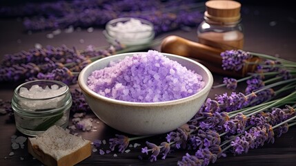  a bowl of lavender salt next to some salt and lavender flowers.  generative ai - obrazy, fototapety, plakaty