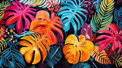 Obraz na płótnie Canvas a painting of tropical leaves on a black background with red, orange, and blue colors. generative ai