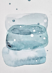 Abstract blue background. Watercolor ink multicolor art collage. Stains, blots and brush strokes of acrylic paint on white paper.