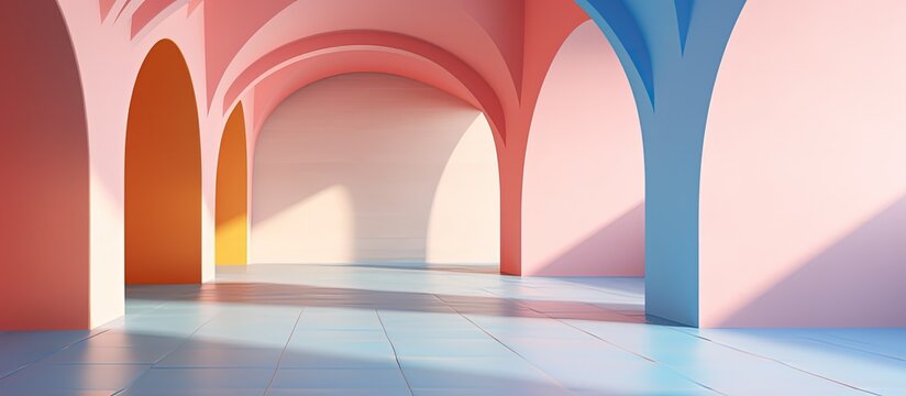 Unconventional illustration of a surreal empty interior design with ceramic flooring colored plaster and unique architectural features