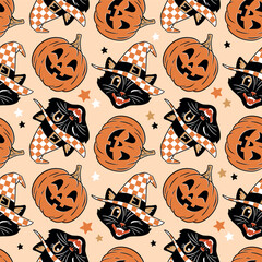 Hand drawn seamless vector pattern with vintage Halloween black cat and pumpkin. Perfect for textile, wallpaper or print design. © MirabellePrint