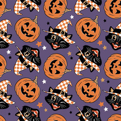 Hand drawn seamless vector pattern with vintage Halloween black cat and pumpkin. Perfect for textile, wallpaper or print design.