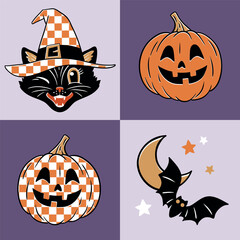 Set of hand drawn vector vintage Halloween black cat and pumpkin. 