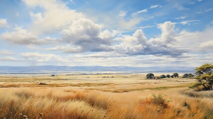 Fototapeta premium a painting of a field with trees and clouds in the background. generative ai