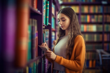Portrait of a beautiful young woman reading a book in the library