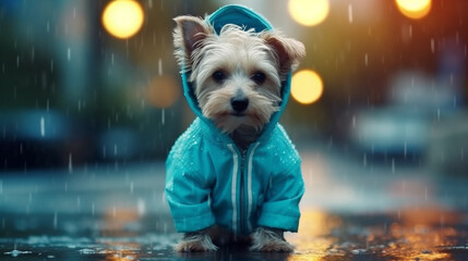 Puppy on a rainy day かわいいレインコートの仔犬 - obrazy, fototapety, plakaty