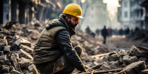 Restoring Hope: Workers Clearing the Aftermath of Catastrophe - obrazy, fototapety, plakaty