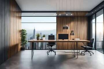 Contemporary office interior with office desk with big window with concrete wall with projection screen and blank wooden paneling wall for copy space