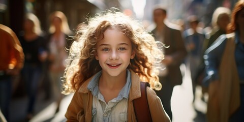 Fototapeta na wymiar a young girl strolling through the bustling streets, generative AI