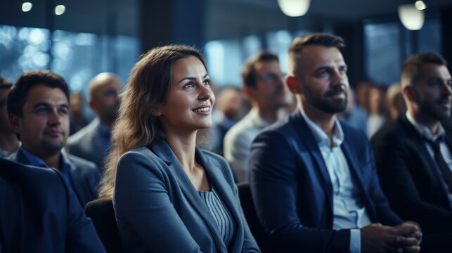 A businessman applauds a speaker at a meeting