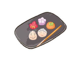 Different types of wagashi  on a black plate for keiro day