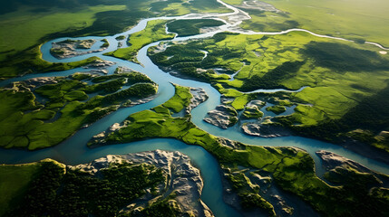 aerial view of a river delta with lush green vegetation and winding waterways - obrazy, fototapety, plakaty