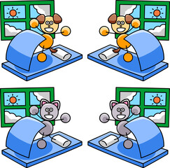 元気に起床するわんまるとにゃんまるのイラストセット　犬　猫
