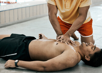 Cpr, first aid and rescue with people at swimming pool for healthcare, emergency and safety....