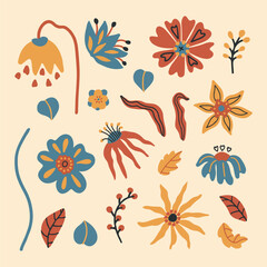 Hand painted cartoon 70s groovy floral sticker composition set. Various retro botanical elements, hand drawn decorative flowers and leaves collection.