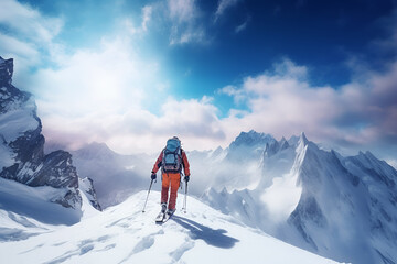 Naklejka na ściany i meble Ski mountaineer walking up along a steep snowy ridge with the skis in the backpack