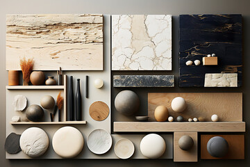 Wall with samples of natural materials and decor textured accessories