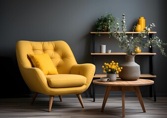 chill and cozy sitting area with yellow sofa , tea table and plant