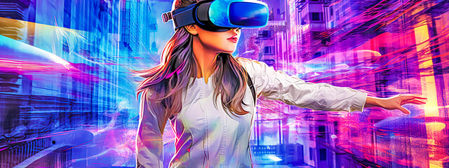 young woman using virtual reality glasses, banner