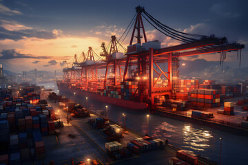 Container Cargo freight ship with working crane bridge at dusk for Logistic Import Export
