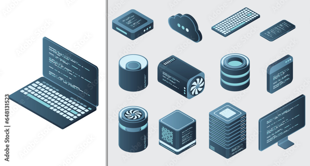 Wall mural set of isometric computer technology. isometric set server equipment. technology isometric icons. di