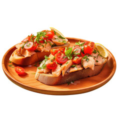 fresh hot bruschetta with red fish with small tomatoes on wooden plate