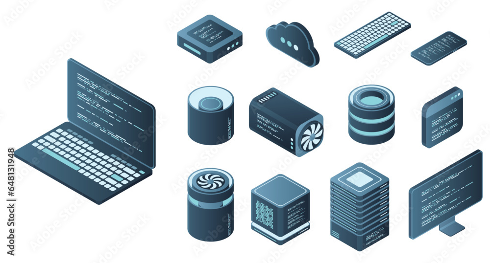 Wall mural set of isometric computer technology. isometric set server equipment. technology isometric icons. di