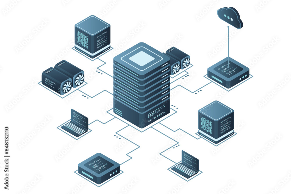 Poster computer technology isometric illustration. computation of big data center. cloud computing. online 