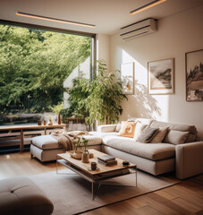 intérieur d'un appartement ensoleillé avec canapé en tissu et décoration sombre et épurée avec plantes d'intérieur, grand baie vitrée qui fait entrer la lumière