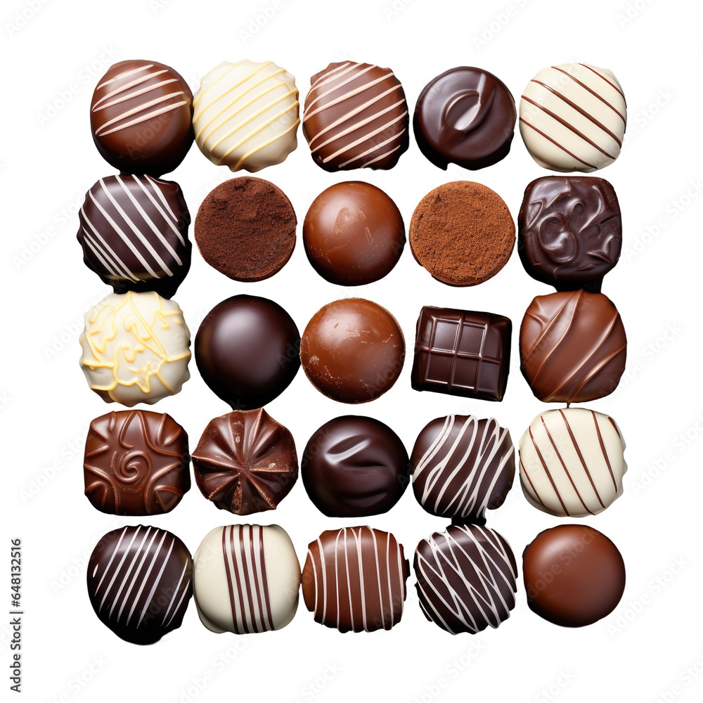 Poster Chocolate pralines, top view of various chocolate pralines isolated on half black leather background. Chocolate candies, white, dark, and milk chocolate concept photo with copy space.