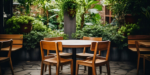 Fototapeta na wymiar table and chairs in the garden Restaurant in Nature's Embrace