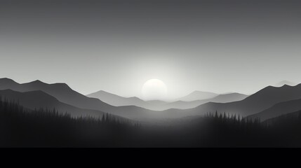  a black and white photo of a mountain range with the sun in the distance.  generative ai