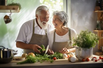Senior couple cook at the kitchen. Happy elderly lovers cook together. AI generated - obrazy, fototapety, plakaty