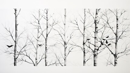  a group of trees with birds flying in the sky above them.  generative ai
