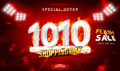10.10 Shopping Day hot sale banner design template with burning flame.Hot sale event on the stage of the spotlight LED. 10.10 3D Number with burning flame. Special Offer Hot Sale campaign.Vector EPS10