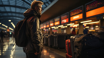 Man with backpack waiting to travel at the airport