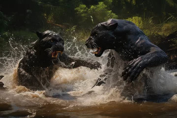 Tuinposter two black panther fighting in the jungle with water stream © Kien