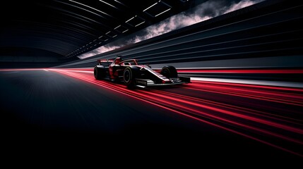 Obraz premium The racing formula on a speedway, red and black color motion. Racing car in motion.The illustration with red and black lights, a car, and a road. Generative AI.