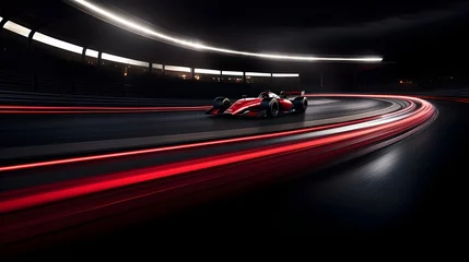 Fototapeten The racing formula on a speedway, red and black color motion. Racing car in motion.The illustration with red and black lights, a car, and a road. Generative AI. © Bochana