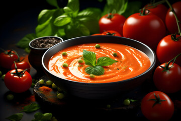 Traditional Gazpacho Spanish tomato soup. Advertising commercial photo