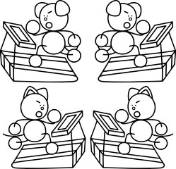 ルームランナーで走るわんまるとにゃんまるの線画セット　犬　猫
