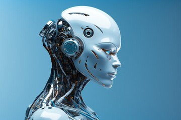 Cyborg woman on a blue background. Concept of the development of AI.