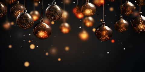Fototapeta na wymiar Beautiful black christmas balls,3d render golden light bulb on bokeh background.