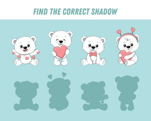 Find correct shadow of polar bear. Educational logical game for kids. Cartoon bear with pink heart. Handwriting practice. Activity page. Vector