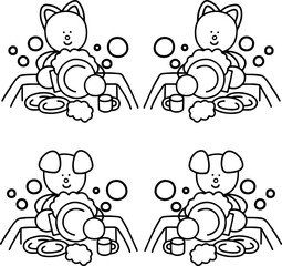 皿洗いをするわんまるとにゃんまるの線画セット　犬　猫
