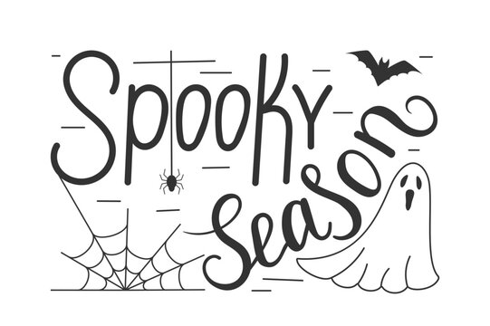 Spooky season lettering design with bats and spider web. Holiday calligraphy for halloween poster, banner, greeting card, invitation